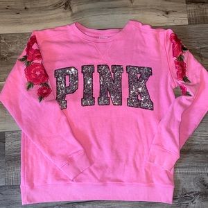VICTORIA'S SECRET PINK Bling Rose Embroided Long Sleeve  Campus Sweater 🌸